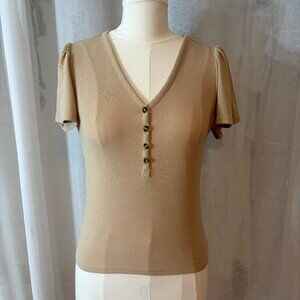 LOFT ribbed short‑sleeve Henley tee, Beige, XSP